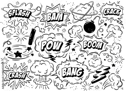 Set of comics bombs and explosions. Speech bubbles with words splash, bam, crack, pow, boom, crash and bang. Design elements for print. Cartoon flat vector collection isolated on white background