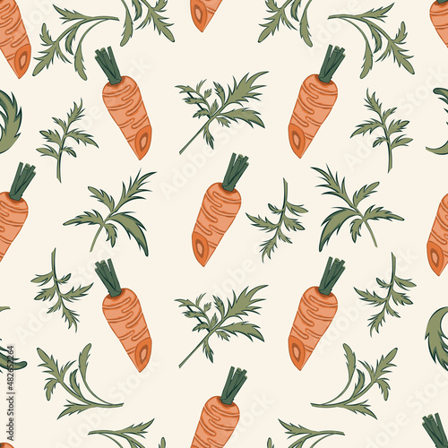 Seamless vector pattern with carrots and leaves. Textile summer motive.  Kitchen decorative wallpaper. Spring banner for print. Healthy food