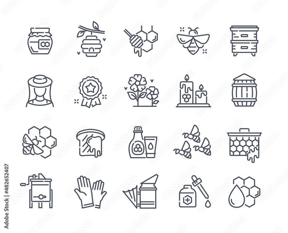 Naklejka premium Honey, Apiary, Beekeeping thin line icon set. Minimalistic stickers with honeycombs, wax candles, insects and gloves for collecting honey. Cartoon flat vector collection isolated on white background