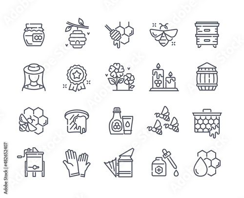 Honey, Apiary, Beekeeping thin line icon set. Minimalistic stickers with honeycombs, wax candles, insects and gloves for collecting honey. Cartoon flat vector collection isolated on white background
