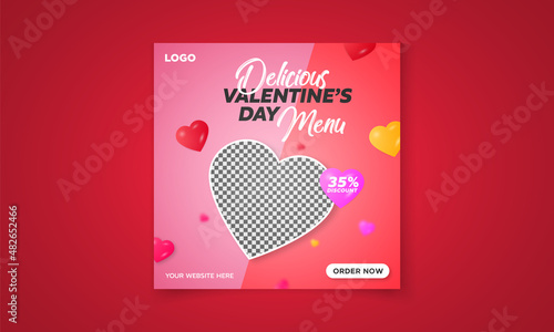 Happy valentine's day delicious food menu Banner template  with hearts elements in pink background