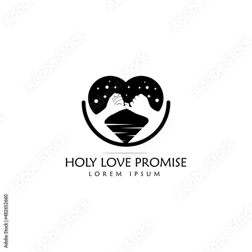 logo Hands hook each other's little finger on heart, typography heart and han logo design, holy love promise logo, special for world valentine day, relationship, icon vector template black and white