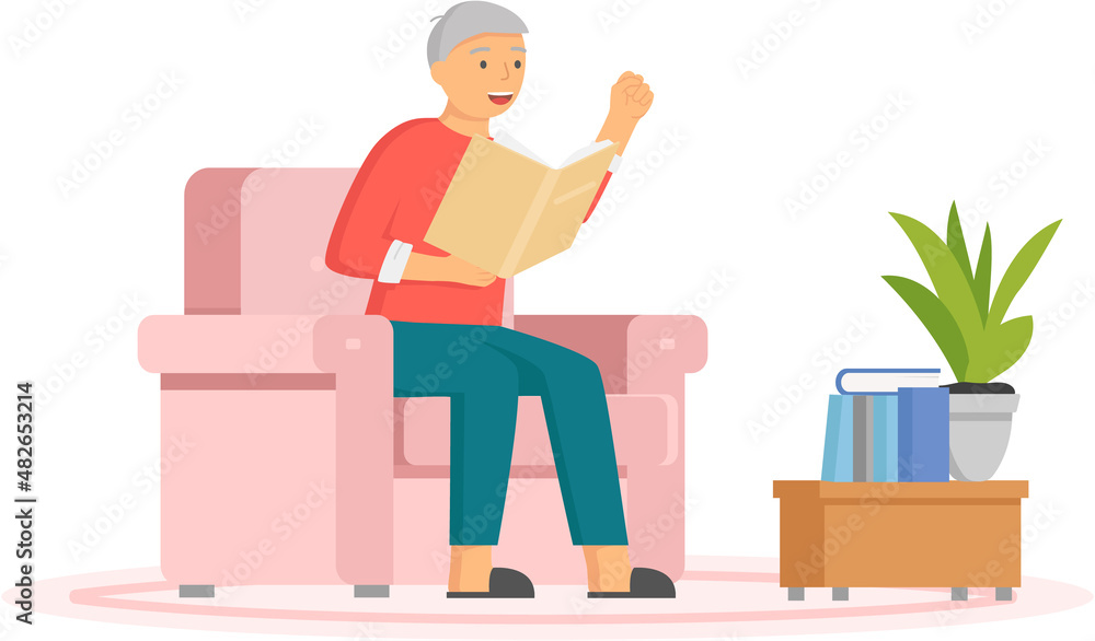 Man reading book, studying at home. Guy student is resting with book, male character is fond of literature, enjoys reading, gets education. Character is reading and resting after work, bibliophile