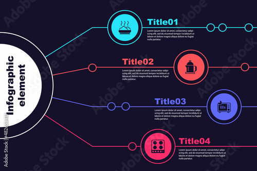 Set Bowl of hot soup, French press, Microwave oven and Gas stove. Business infographic template. Vector