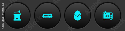 Set Manual coffee grinder, Electronic scales, Broken egg and Microwave oven icon. Vector