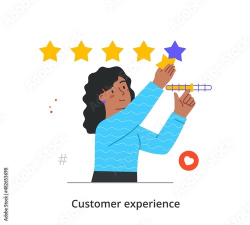 Customer Experience concept. Young woman holds star and gives positive rating to product or service. Female character expresses opinion or gives feedback. Cartoon modern flat vector illustration