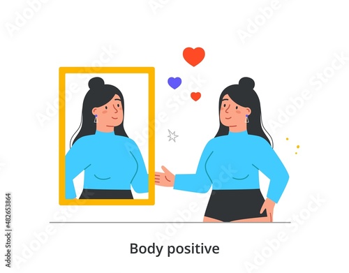 Body positive abstract concept. Young plus size woman looks at her reflection in mirror and smiles. Female character loves herself and accepts her figure. Cartoon modern flat vector illustration