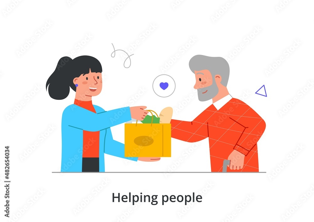 Helping people abstract concept. Young woman delivers food in package to elderly grandfather. Volunteer provides humanitarian assistance. Charity and donation. Cartoon flat vector illustration Helping people abstract concept. Young woman delivers food in package to elderly grandfather. Volunteer provides humanitarian assistance. Charity and donation. Cartoon flat vector illustration