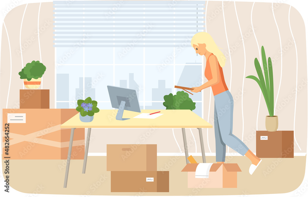 Fototapeta premium Woman moving to new house or office with things in cardboard boxes, removal, changing place of residence. Moving to new apartment, relocation. Lady packs things to shipping. Rental of premises concept