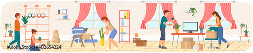 Set of illustrations about people moving to new house, carrying things to apartment, changing place of residence, relocation. Unpacking things after shipping, decorating home. Rental of premises