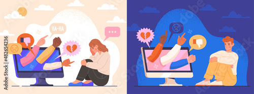 Cyberbullying or bad influence on internet. Set of men and women cover their faces or turn away from computer screen with hands of haters. Cartoon flat vector collection isolated on white background
