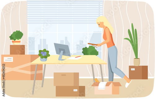 Woman moving to new house or office with things in cardboard boxes, removal, changing place of residence. Moving to new apartment, relocation. Lady packs things to shipping. Rental of premises concept
