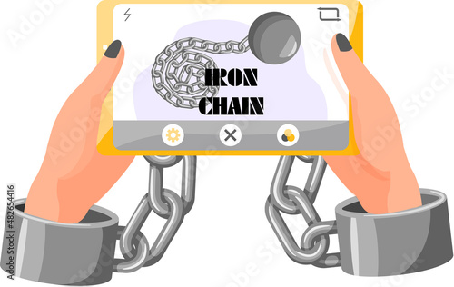 Modern internet and social networks addiction metaphor. Iron chain on smartphone screen, dominance of gadgets. Flat vector concept social media and internet nomophobia and digital detox illustration