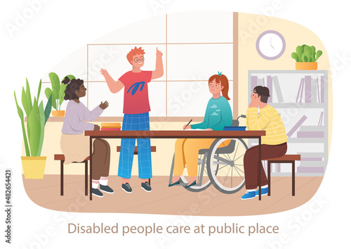 Person with disabilities in public place. Little girl in wheelchair sitting in library, reading books and communicating with her friends. Barrier free society. Cartoon flat vector illustration
