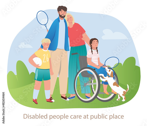 Person with disabilities in public place. Happy family with mom, dad, son and daughter in wheelchair playing tennis in nature. Barrier free society. Cartoon contemporary flat vector illustration