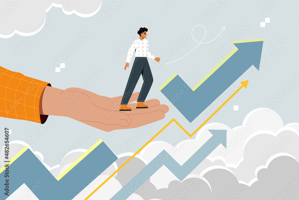 Fototapeta premium Assistance to employee in career growth. Big hand takes man entrepreneur to next level. Professional development, skills improvement and motivation. Cartoon contemporary flat vector illustration