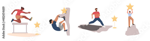 Set of people overcoming obstacles on way to success. Men and women climb to mountain and jump over barrier. Achieving goals or stars. Cartoon flat vector collection isolated on white background