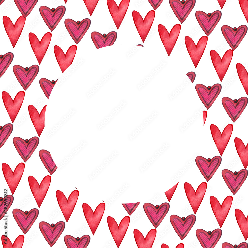 Obraz premium Round frame for Valentine's Day with hand-painted watercolor elements: hearts, the inscription love on a white background. Suitable for design, invitations, postcards.