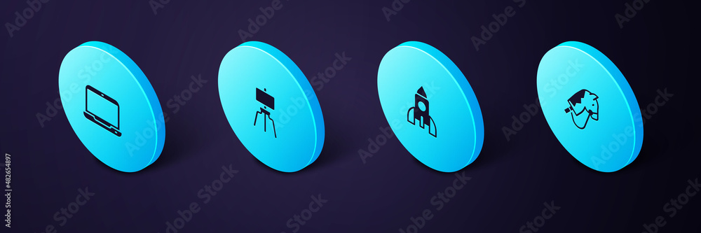 Set Isometric Toy horse, Rocket ship toy, Wood easel and Laptop icon. Vector Set Isometric Toy horse, Rocket ship toy, Wood easel and Laptop icon. Vector