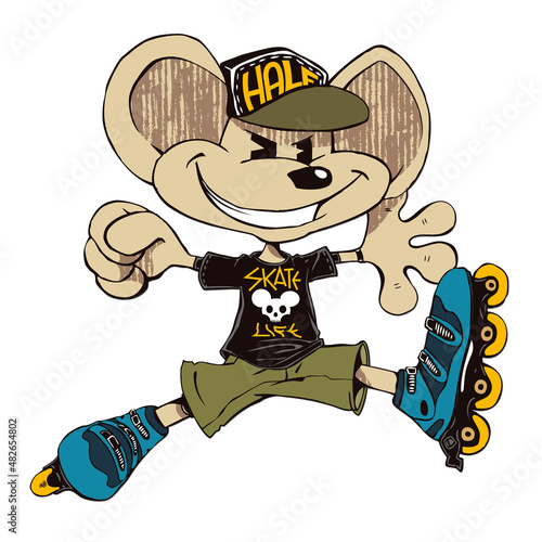 Mouse mascotte jumping with inline skates. Sport mascotte old school athlete inline skating.