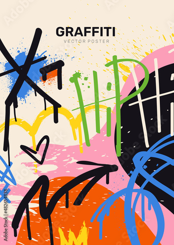 Abstract graffiti poster. Street art with multicolored pattern, inscription, splashes and spots. Bright design element for banner, application and printing on paper. Cartoon flat vector illustration