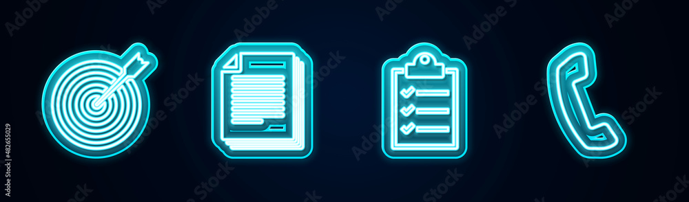 Set line Target with arrow, Document, Clipboard checklist and Telephone handset. Glowing neon icon. Vector Set line Target with arrow, Document, Clipboard checklist and Telephone handset. Glowing neon icon. Vector