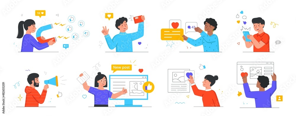 Social Media Marketing abstract concept. Set of men and women attracting new subscribers, posting photos and commenting on publication. Cartoon flat vector collection isolated on white background Social Media Marketing abstract concept. Set of men and women attracting new subscribers, posting photos and commenting on publication. Cartoon flat vector collection isolated on white background