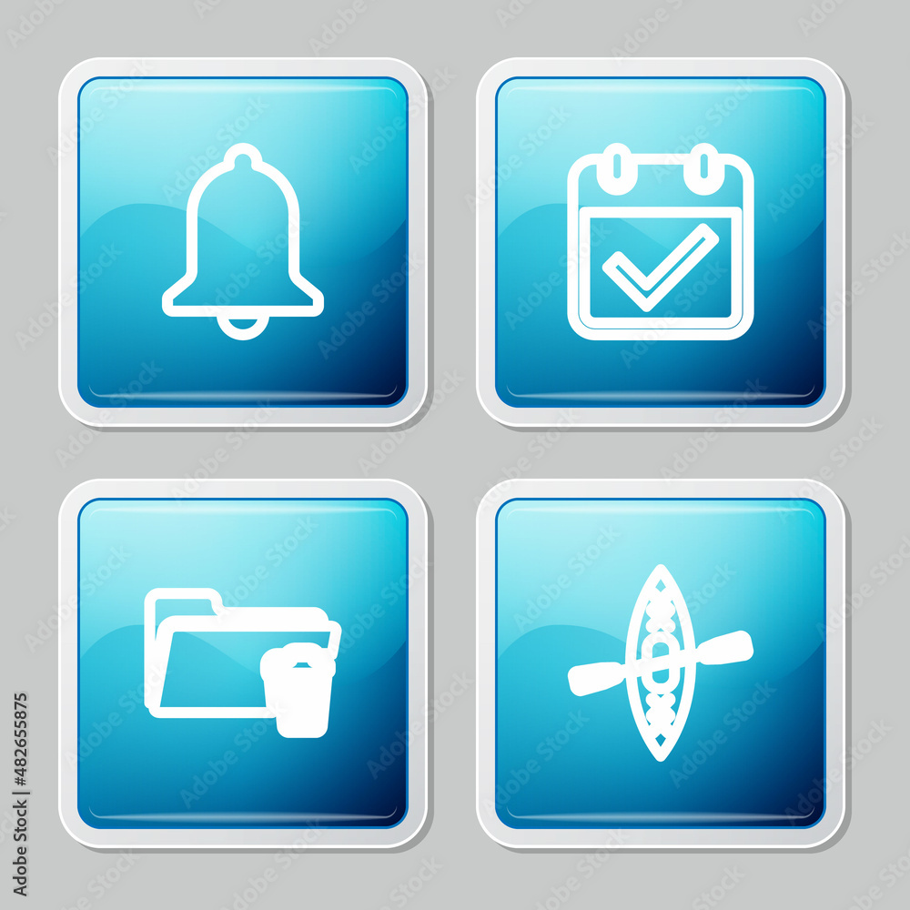 Set line Ringing bell, Calendar with check mark, Delete folder and Kayak and paddle icon. Vector Set line Ringing bell, Calendar with check mark, Delete folder and Kayak and paddle icon. Vector