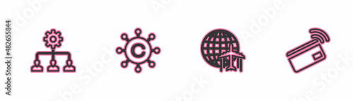 Set line Lead management, Globe with flying plane, Copywriting network and Contactless payment icon. Vector