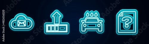 Set line Cloud mail server, Loading, Car wash and Unknown document. Glowing neon icon. Vector
