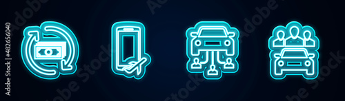 Set line Refund money, Flight mode in the mobile, Car sharing and . Glowing neon icon. Vector