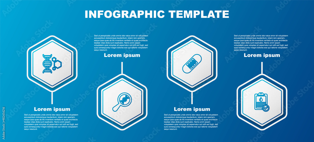 Set line Genetic engineering, DNA research, search, Bandage plaster and Clipboard with blood test. Business infographic template. Vector Set line Genetic engineering, DNA research, search, Bandage plaster and Clipboard with blood test. Business infographic template. Vector
