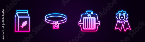Set line Bag of food for cat, Dog collar, Pet carry case and award symbol. Glowing neon icon. Vector