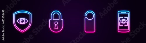 Set line Shield and eye, Lock, Please do not disturb and Mobile scan. Glowing neon icon. Vector