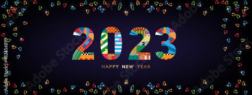 Happy New Year 2023 with light bulbs frame on dark blue background,Vector Banner backdrop Creative design for Greeting Lettering,flyers, posters, banners,brochure and calendar