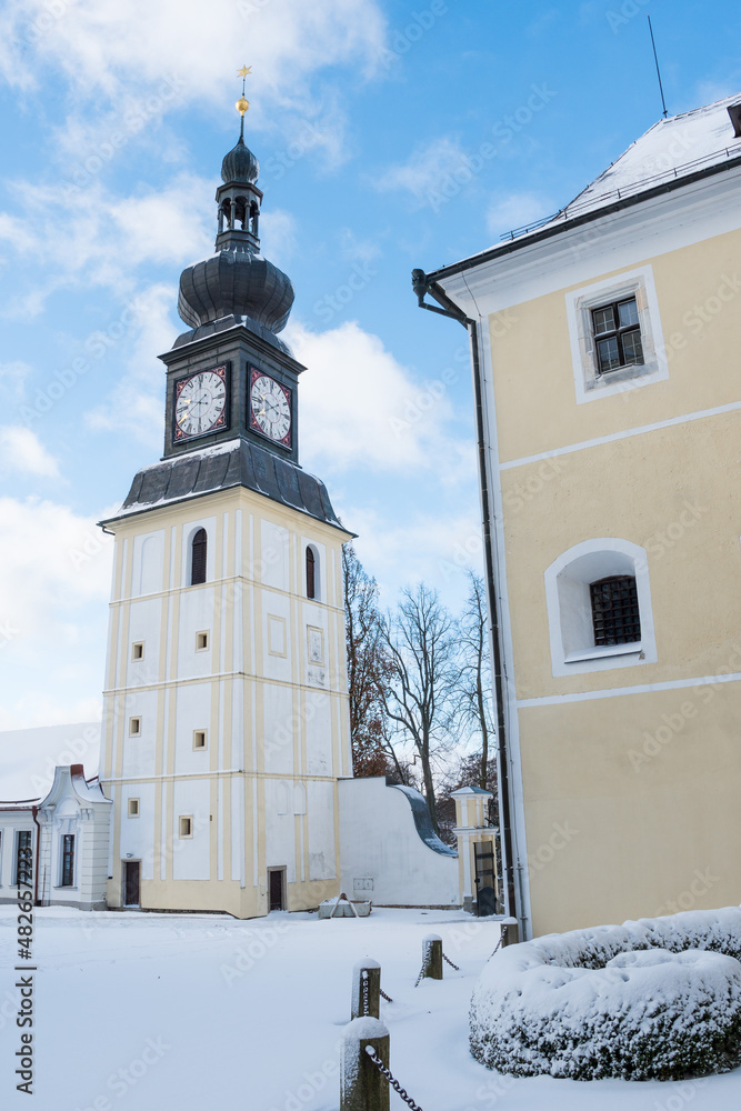 Cistercian monastery castle Zdar nad Sazavou in winter, Czech Republic
