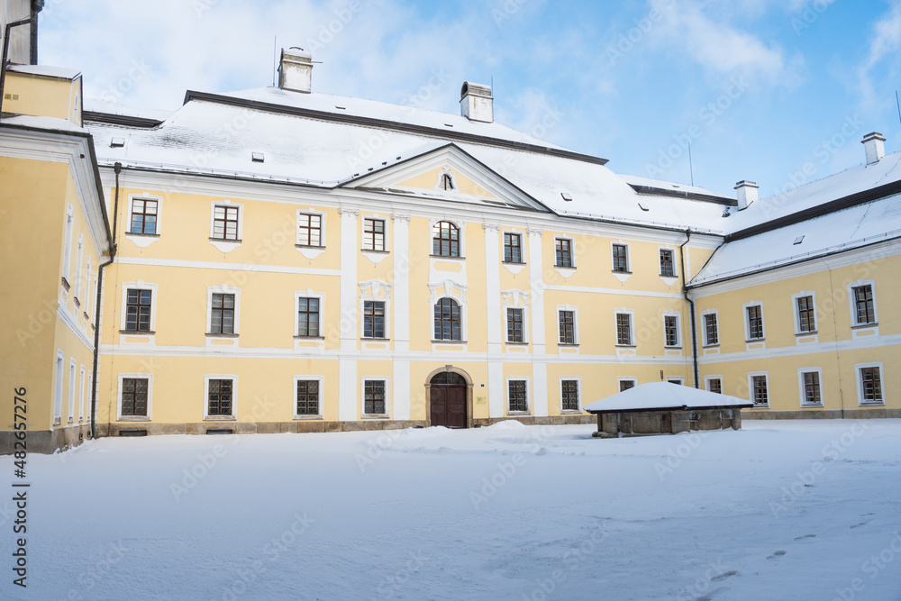 Cistercian monastery castle Zdar nad Sazavou in winter, Czech Republic