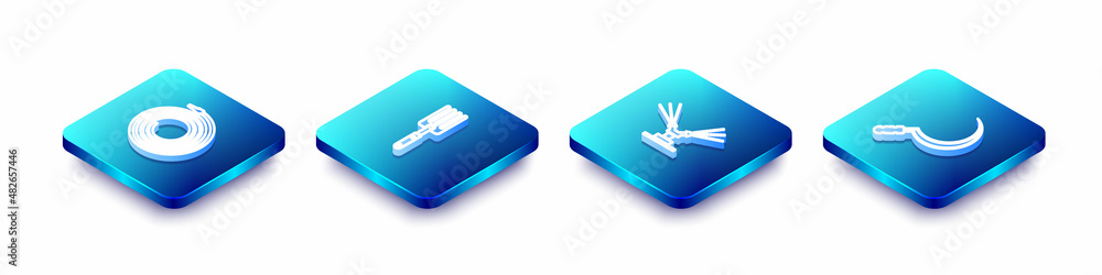 Set Isometric line Garden hose or fire hose, fork, Automatic irrigation sprinklers and Sickle icon. Vector Set Isometric line Garden hose or fire hose, fork, Automatic irrigation sprinklers and Sickle icon. Vector