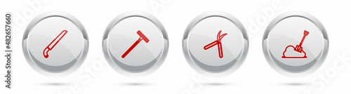 Set line Garden saw, rake, Gardening handmade scissor and Shovel the ground. Silver circle button. Vector