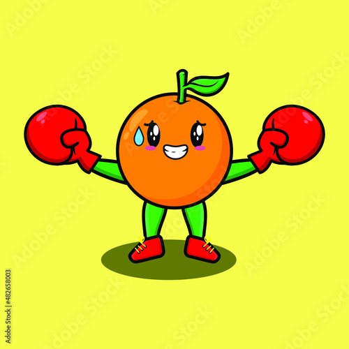 Cute Orange mascot cartoon playing sport with boxing gloves and cute stylish design for t-shirt, sticker, logo elements