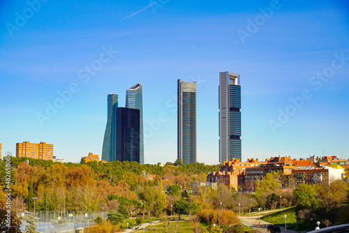 View of the skyscrapers in the sky of the city of Madrid, capital of Spain.