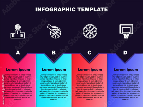 Set line Sports winner podium, Hand with basketball ball, Basketball and backboard. Business infographic template. Vector