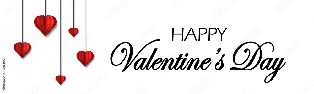 Happy Valentine's Day greeting banner - lettering in black colour and red hearts hanging on twine - 3D Illustration Happy Valentine's Day greeting banner - lettering in black colour and red hearts hanging on twine - 3D Illustration