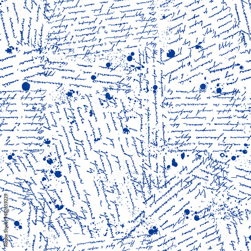 Seamless pattern with blue hand write poetry on white background. Vector texture. Graphic creative idea.