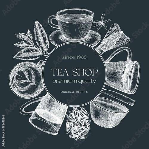 Hand sketched tea drinks round design on chalkboard. Vintage teacups, glasses, leaves, flowers hand drawings wreath. Tea beverages card or invitation template. For recipe, menu, label, packaging.
