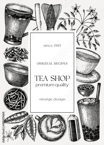 Hand-sketched tea drinks card or invitation template. Vintage teacups, glasses, leaves, flowers hand drawings frame. Tea beverages flyer design. Perfect for recipe, menu, label, packaging.