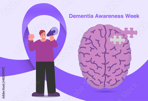 People holding megaphones with a jigsaw slip out of the brain in front of a purple ribbon. Illustration about dementia awareness week and Nervous system diseases.