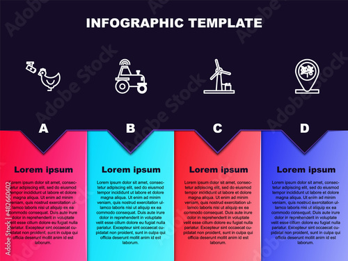 Set line Chicken farm and camera, Wireless tractor on smart, Wind turbine and Location tree. Business infographic template. Vector