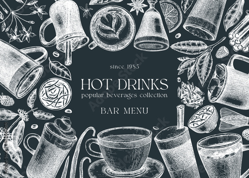 Bar menu design. Vector frame with hot drinks drawings. Hand-sketched tea, mulled wine, coffee, hot chocolate and ingredients illustrations. Popular beverages template for brands, web, menu, packaging