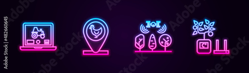 Set line Laptop application for smart farm, Chicken and location, Smart with drone and farming technology. Glowing neon icon. Vector